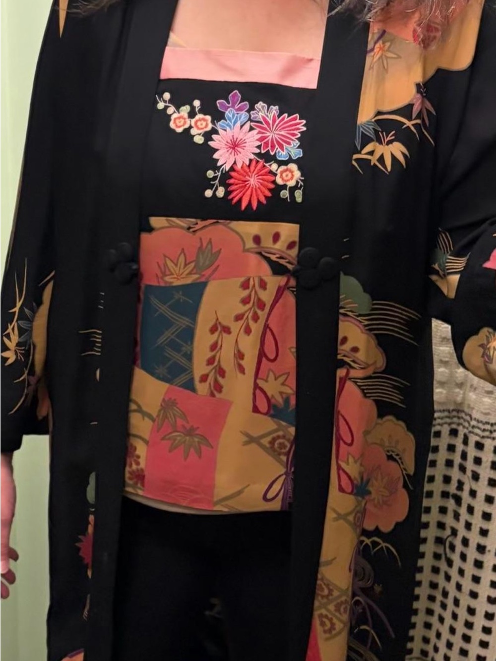 Sue Wong Floral Embroidered Kimono-Style Top with Patterned Panel